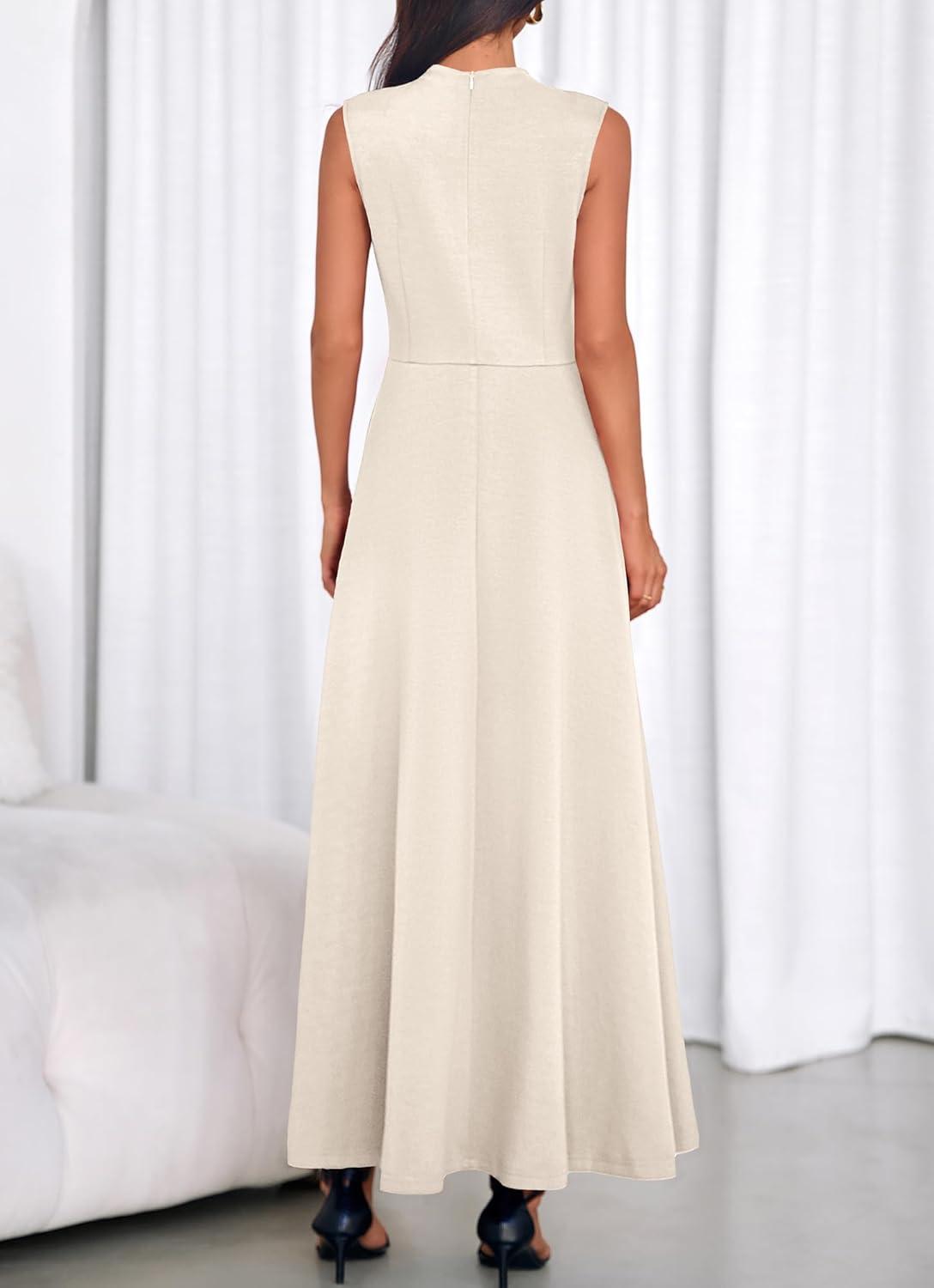 imageBTFBM Summer Dresses for Women 2026 Mock Neck Sleeveless High Waist Flowy Aline Maxi Spring Wedding Guest Dress CocktailBeige