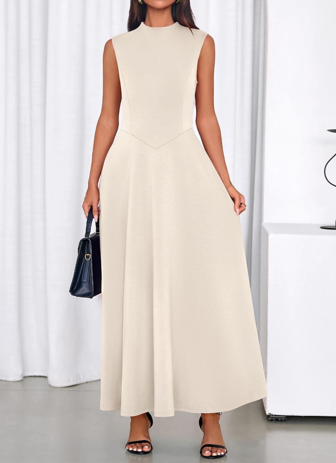 imageBTFBM Summer Dresses for Women 2026 Mock Neck Sleeveless High Waist Flowy Aline Maxi Spring Wedding Guest Dress CocktailBeige