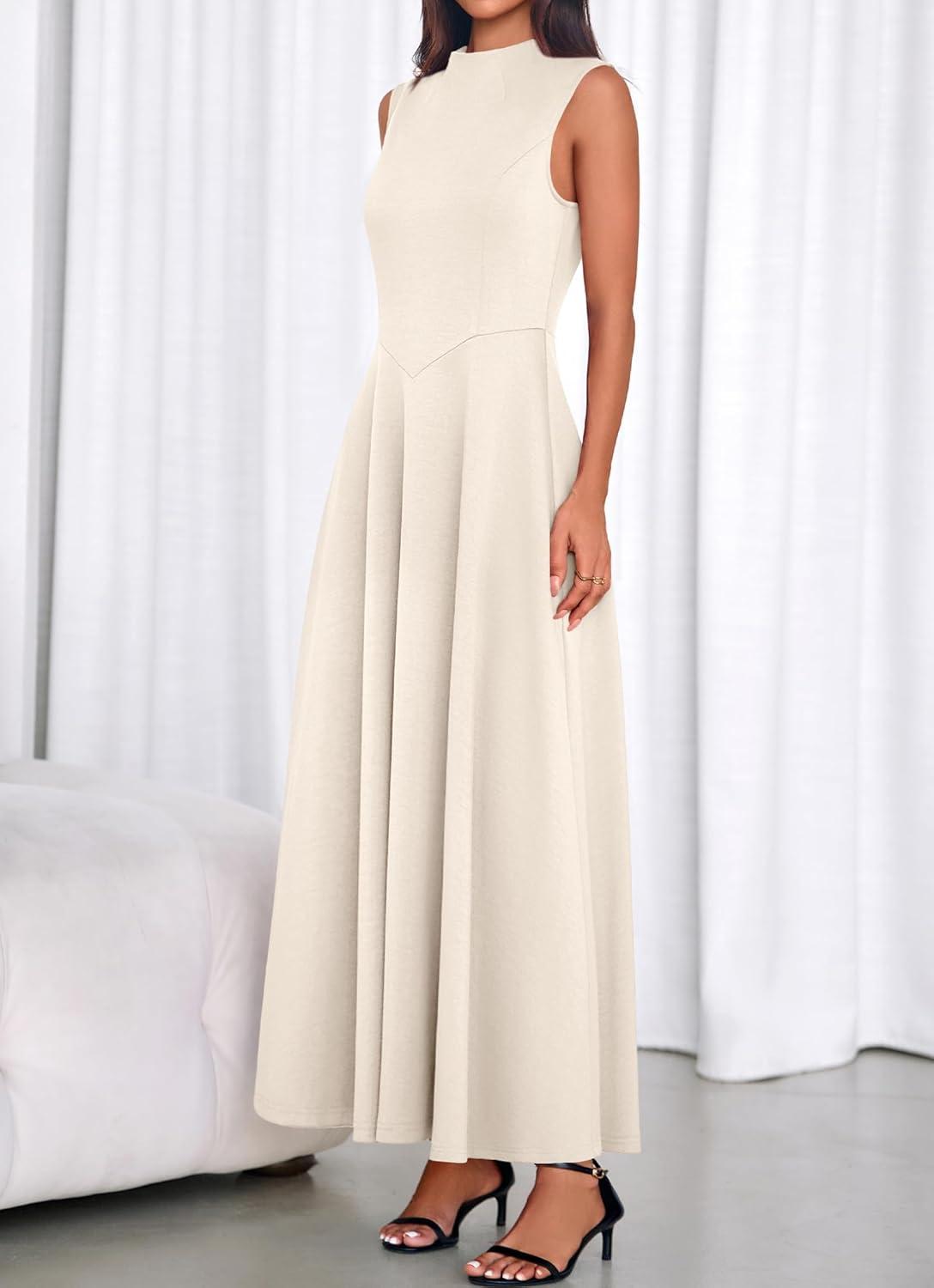 imageBTFBM Summer Dresses for Women 2026 Mock Neck Sleeveless High Waist Flowy Aline Maxi Spring Wedding Guest Dress CocktailBeige