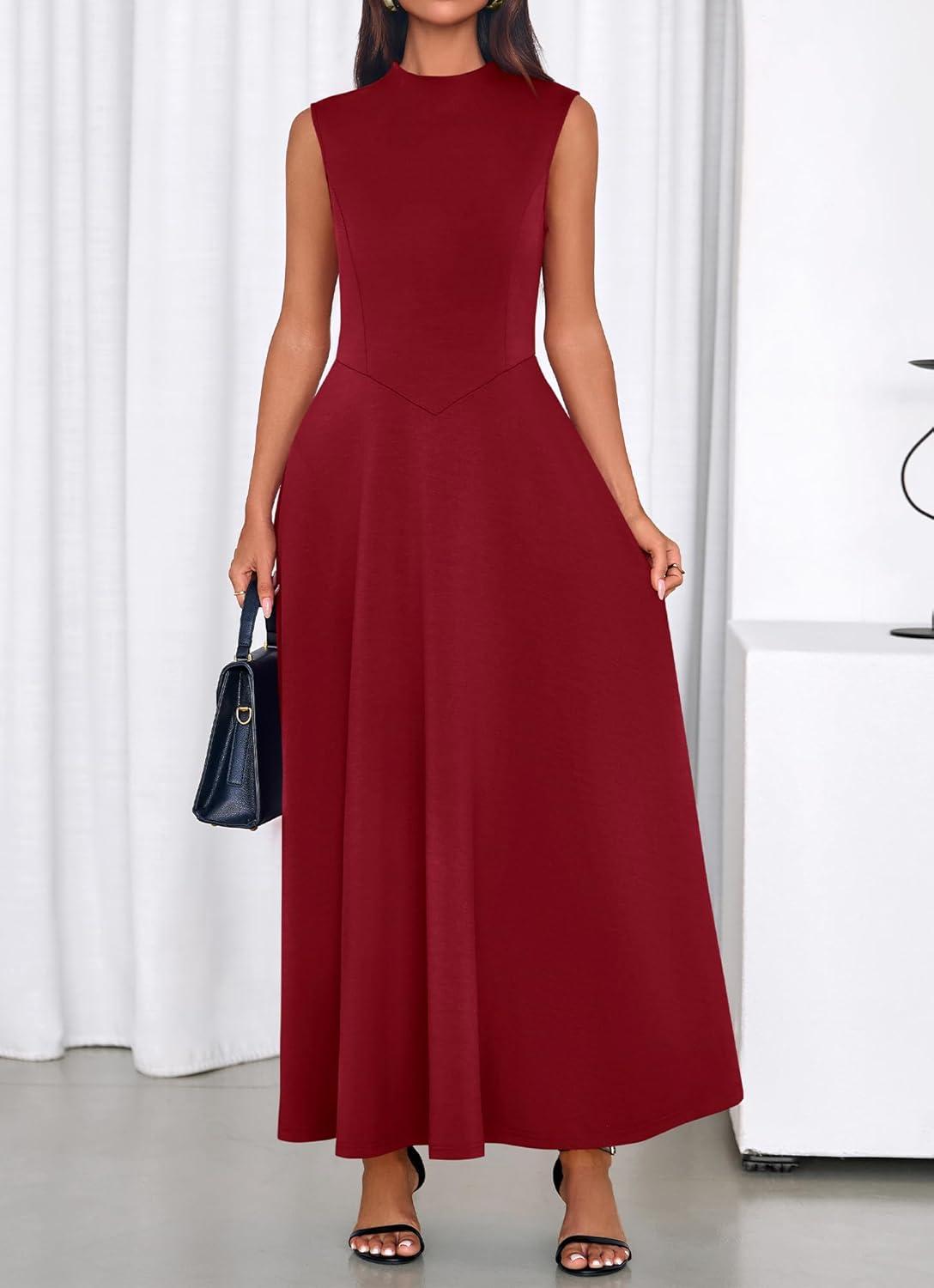 imageBTFBM Summer Dresses for Women 2026 Mock Neck Sleeveless High Waist Flowy Aline Maxi Spring Wedding Guest Dress CocktailBurgundy