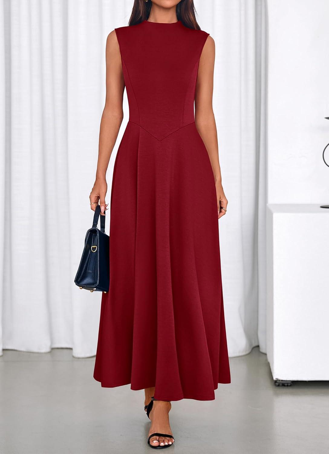 imageBTFBM Summer Dresses for Women 2026 Mock Neck Sleeveless High Waist Flowy Aline Maxi Spring Wedding Guest Dress CocktailBurgundy