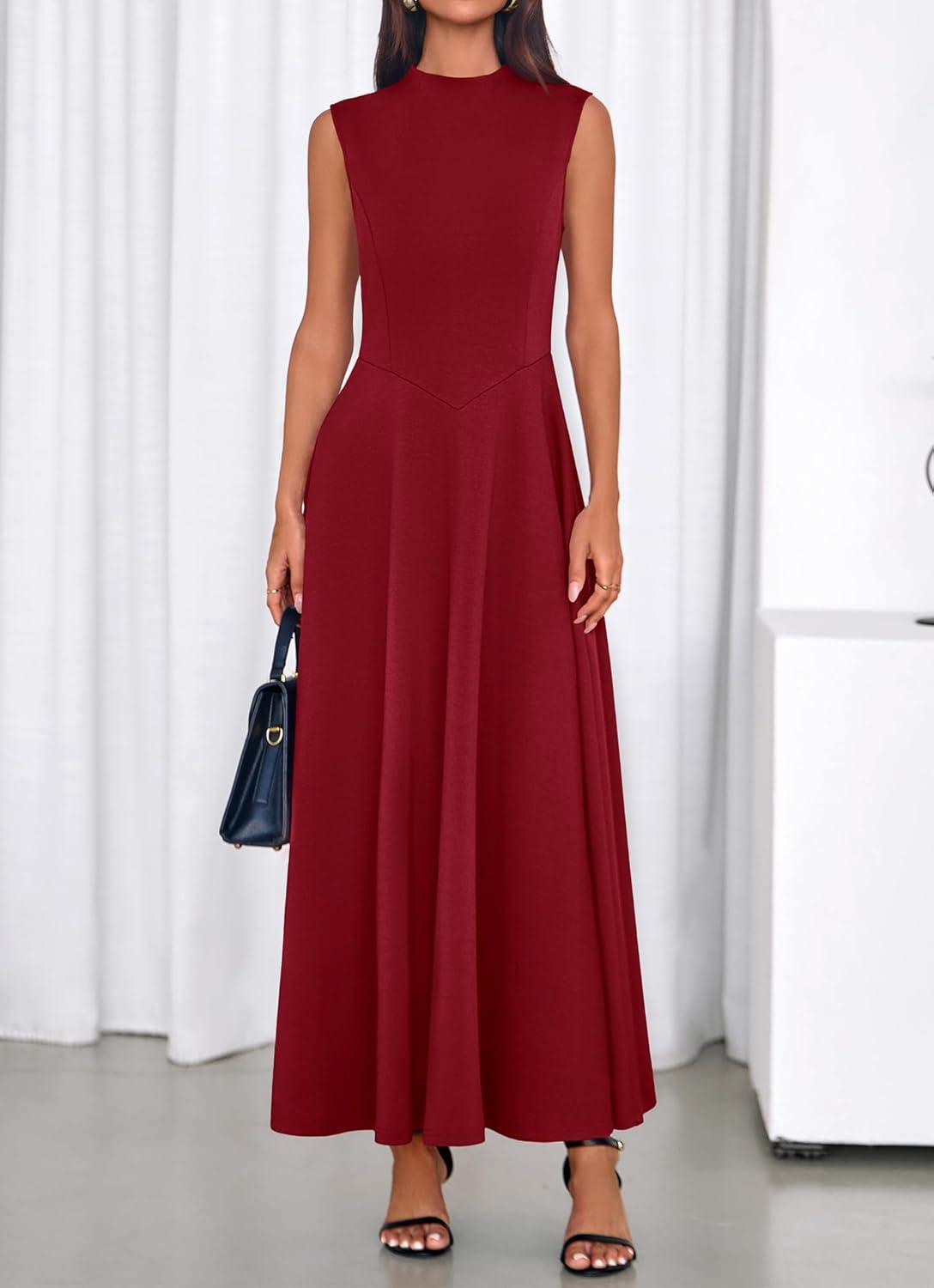 imageBTFBM Summer Dresses for Women 2026 Mock Neck Sleeveless High Waist Flowy Aline Maxi Spring Wedding Guest Dress CocktailBurgundy