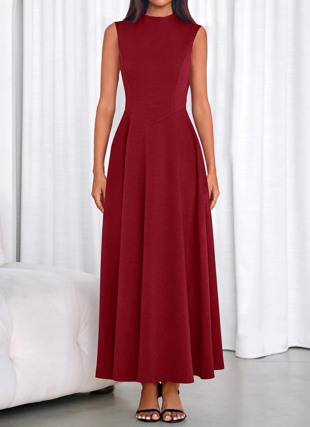 imageBTFBM Summer Dresses for Women 2026 Mock Neck Sleeveless High Waist Flowy Aline Maxi Spring Wedding Guest Dress CocktailBurgundy