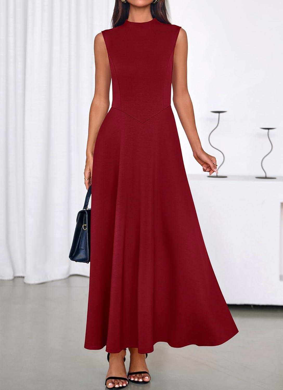 imageBTFBM Summer Dresses for Women 2026 Mock Neck Sleeveless High Waist Flowy Aline Maxi Spring Wedding Guest Dress CocktailBurgundy