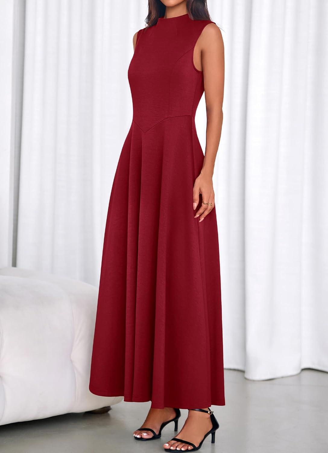 imageBTFBM Summer Dresses for Women 2026 Mock Neck Sleeveless High Waist Flowy Aline Maxi Spring Wedding Guest Dress CocktailBurgundy