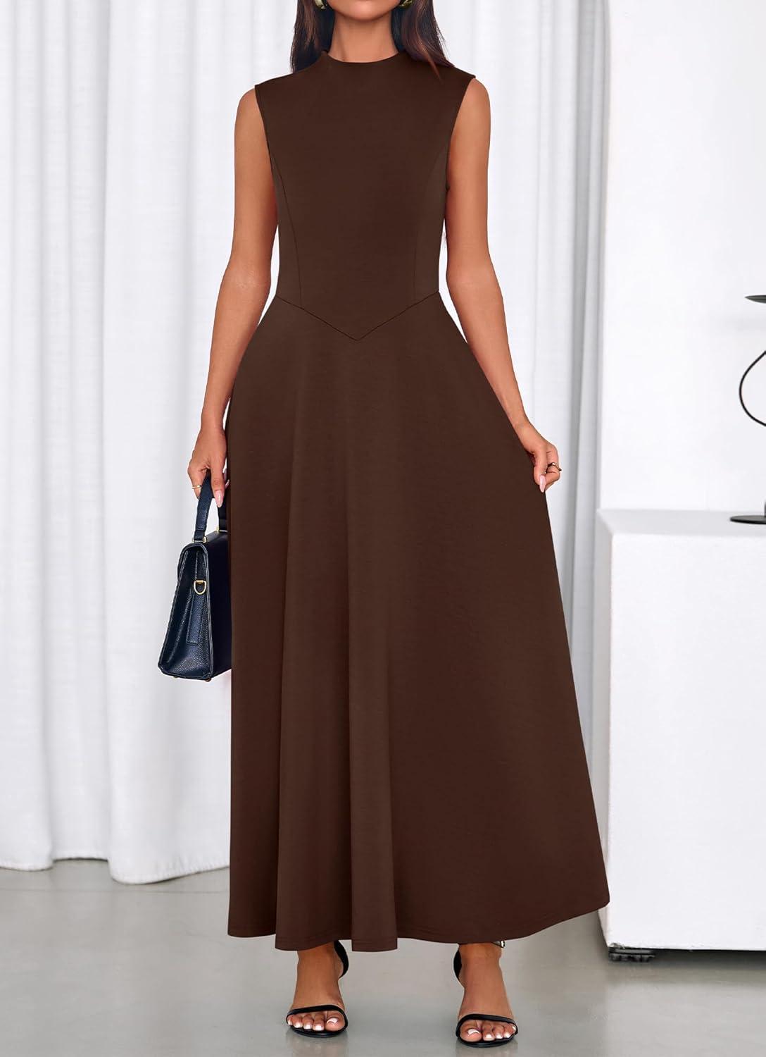 imageBTFBM Summer Dresses for Women 2026 Mock Neck Sleeveless High Waist Flowy Aline Maxi Spring Wedding Guest Dress CocktailDark Brown