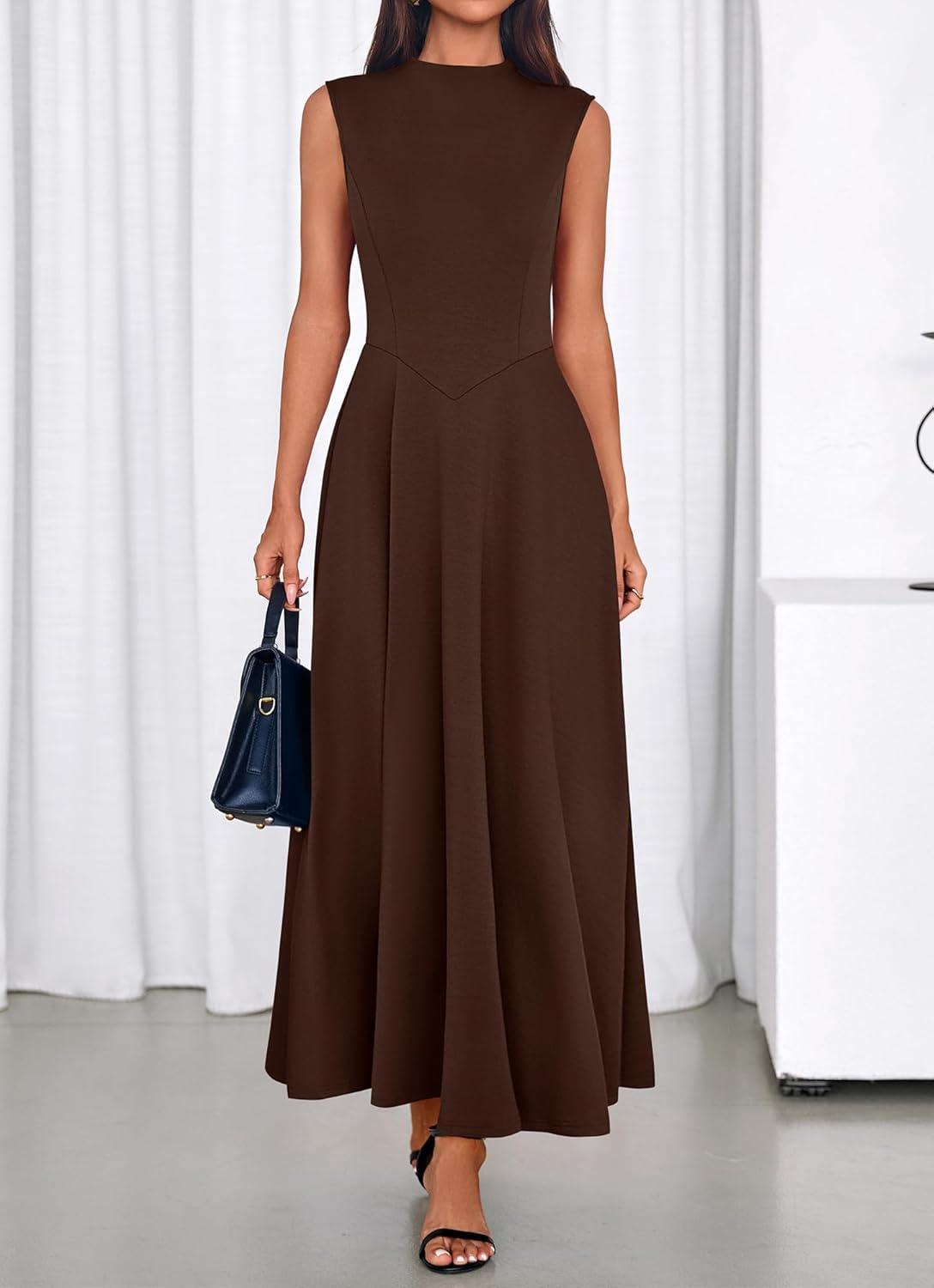 imageBTFBM Summer Dresses for Women 2026 Mock Neck Sleeveless High Waist Flowy Aline Maxi Spring Wedding Guest Dress CocktailDark Brown