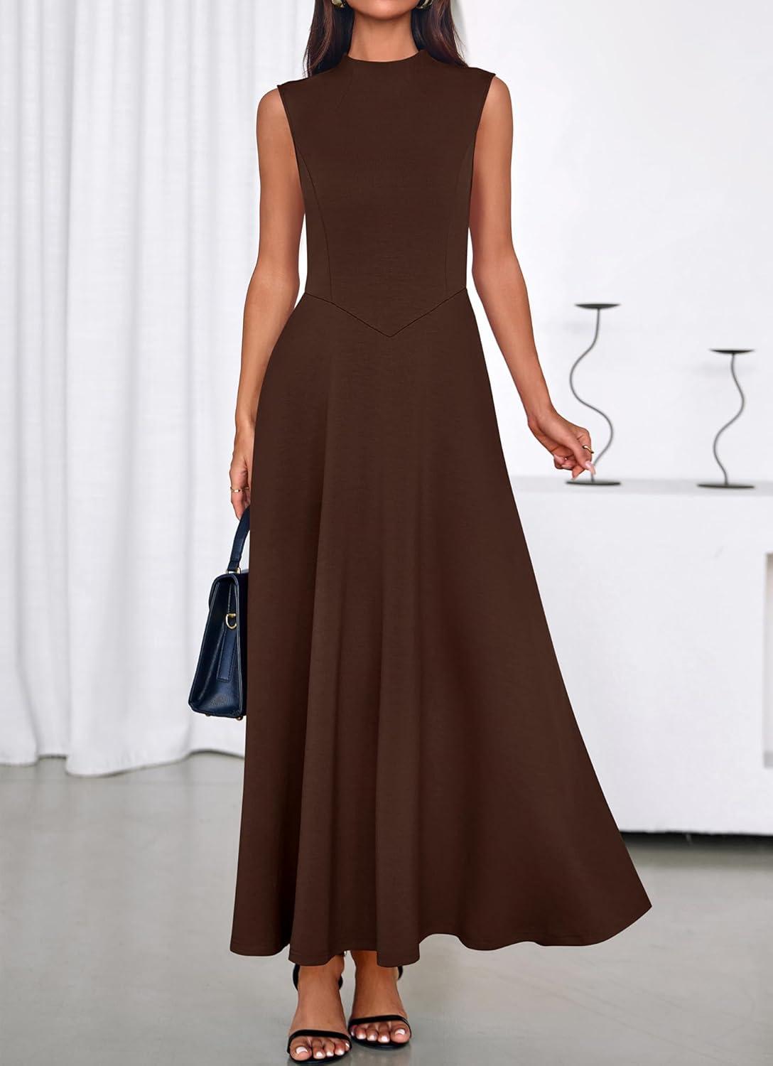 imageBTFBM Summer Dresses for Women 2026 Mock Neck Sleeveless High Waist Flowy Aline Maxi Spring Wedding Guest Dress CocktailDark Brown