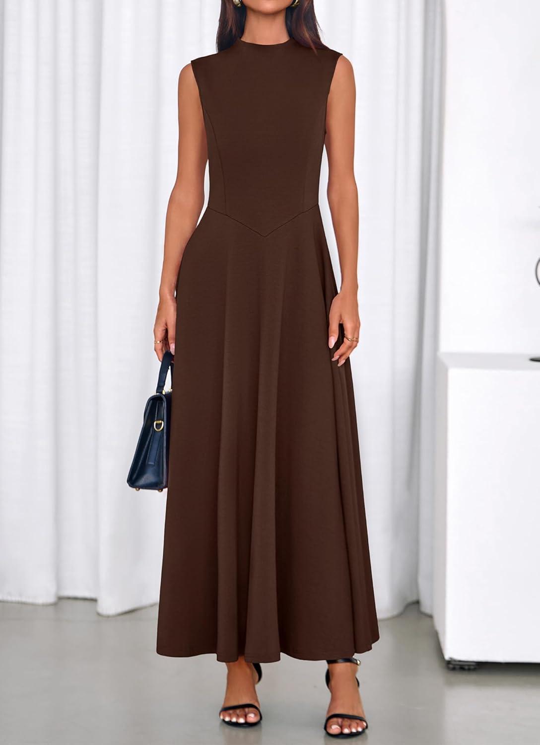 imageBTFBM Summer Dresses for Women 2026 Mock Neck Sleeveless High Waist Flowy Aline Maxi Spring Wedding Guest Dress CocktailDark Brown