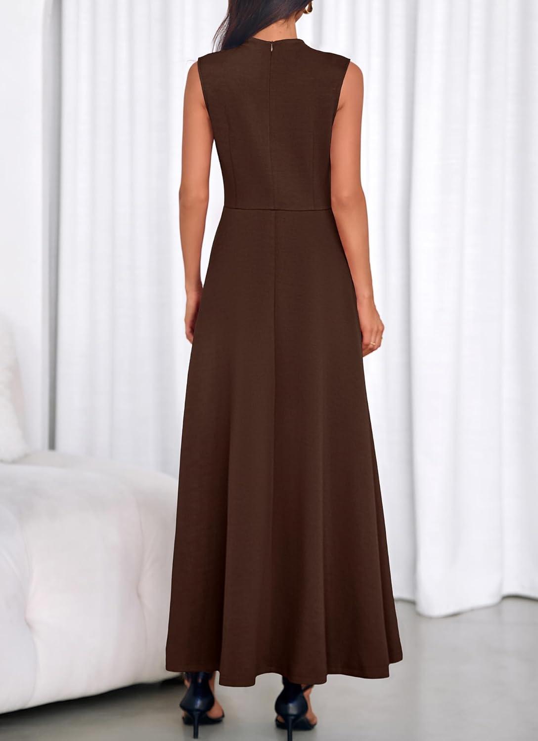 imageBTFBM Summer Dresses for Women 2026 Mock Neck Sleeveless High Waist Flowy Aline Maxi Spring Wedding Guest Dress CocktailDark Brown