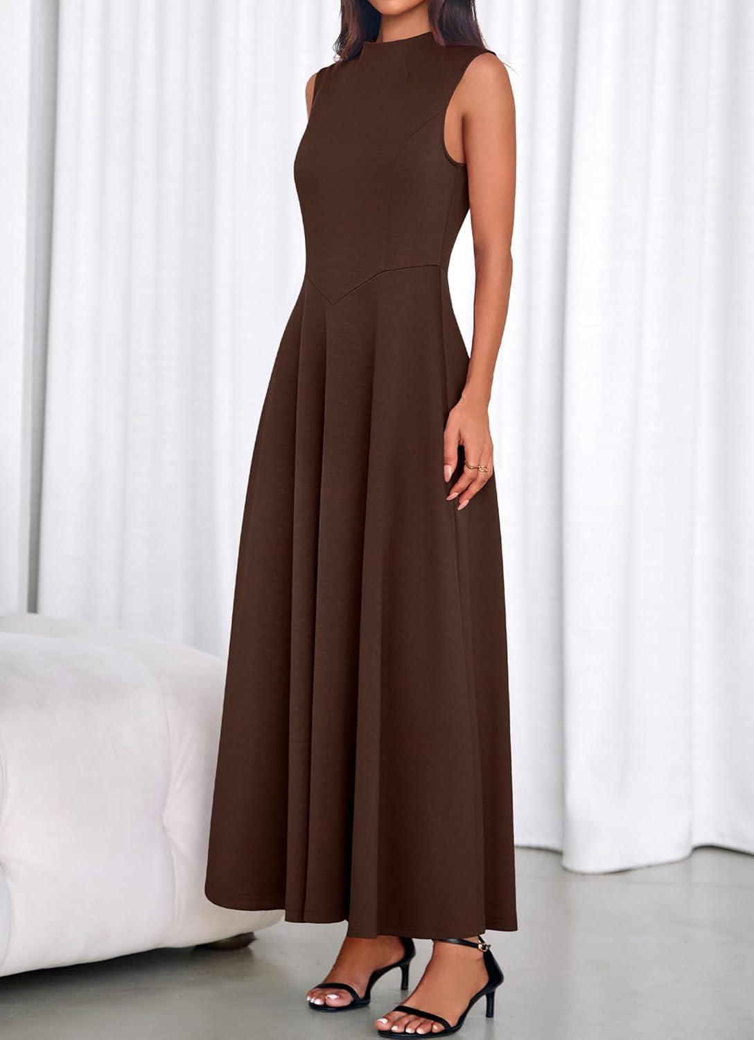 imageBTFBM Summer Dresses for Women 2026 Mock Neck Sleeveless High Waist Flowy Aline Maxi Spring Wedding Guest Dress CocktailDark Brown