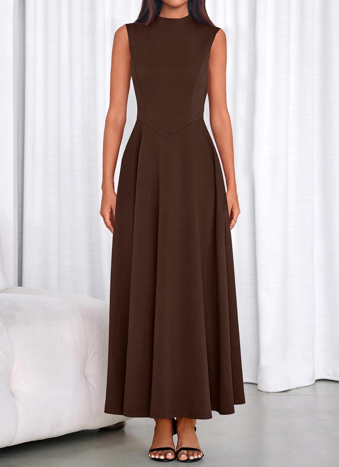 imageBTFBM Summer Dresses for Women 2026 Mock Neck Sleeveless High Waist Flowy Aline Maxi Spring Wedding Guest Dress CocktailDark Brown