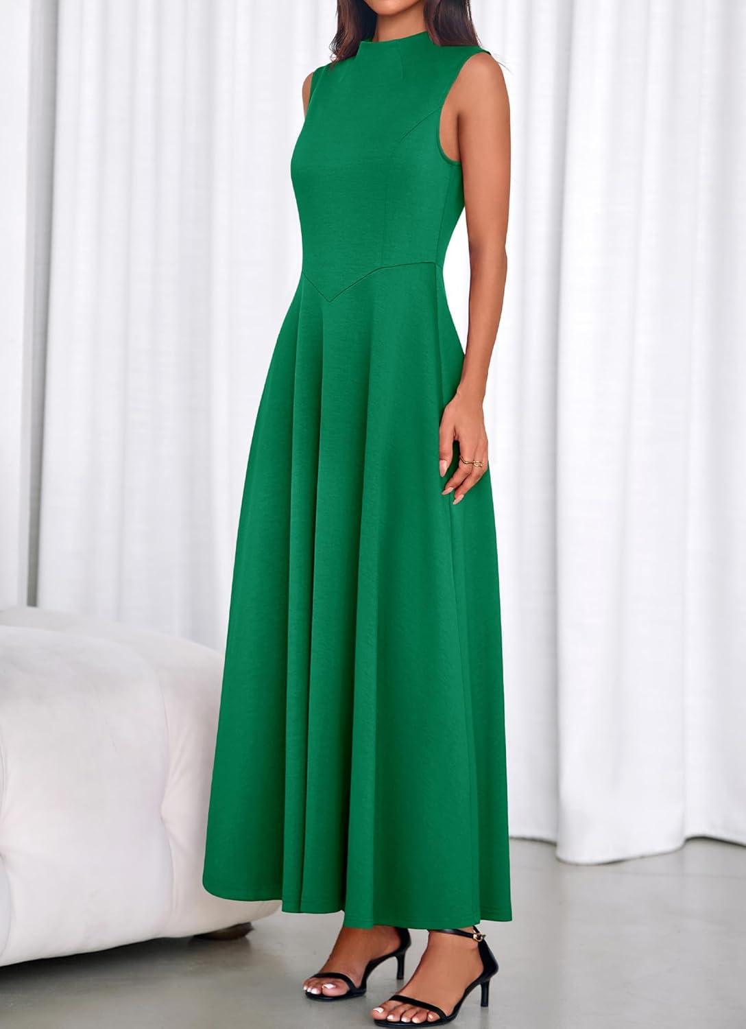 imageBTFBM Summer Dresses for Women 2026 Mock Neck Sleeveless High Waist Flowy Aline Maxi Spring Wedding Guest Dress CocktailGreen