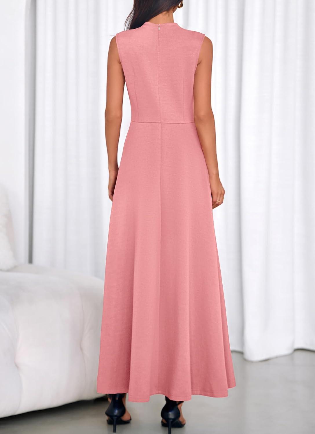 imageBTFBM Summer Dresses for Women 2026 Mock Neck Sleeveless High Waist Flowy Aline Maxi Spring Wedding Guest Dress CocktailPink