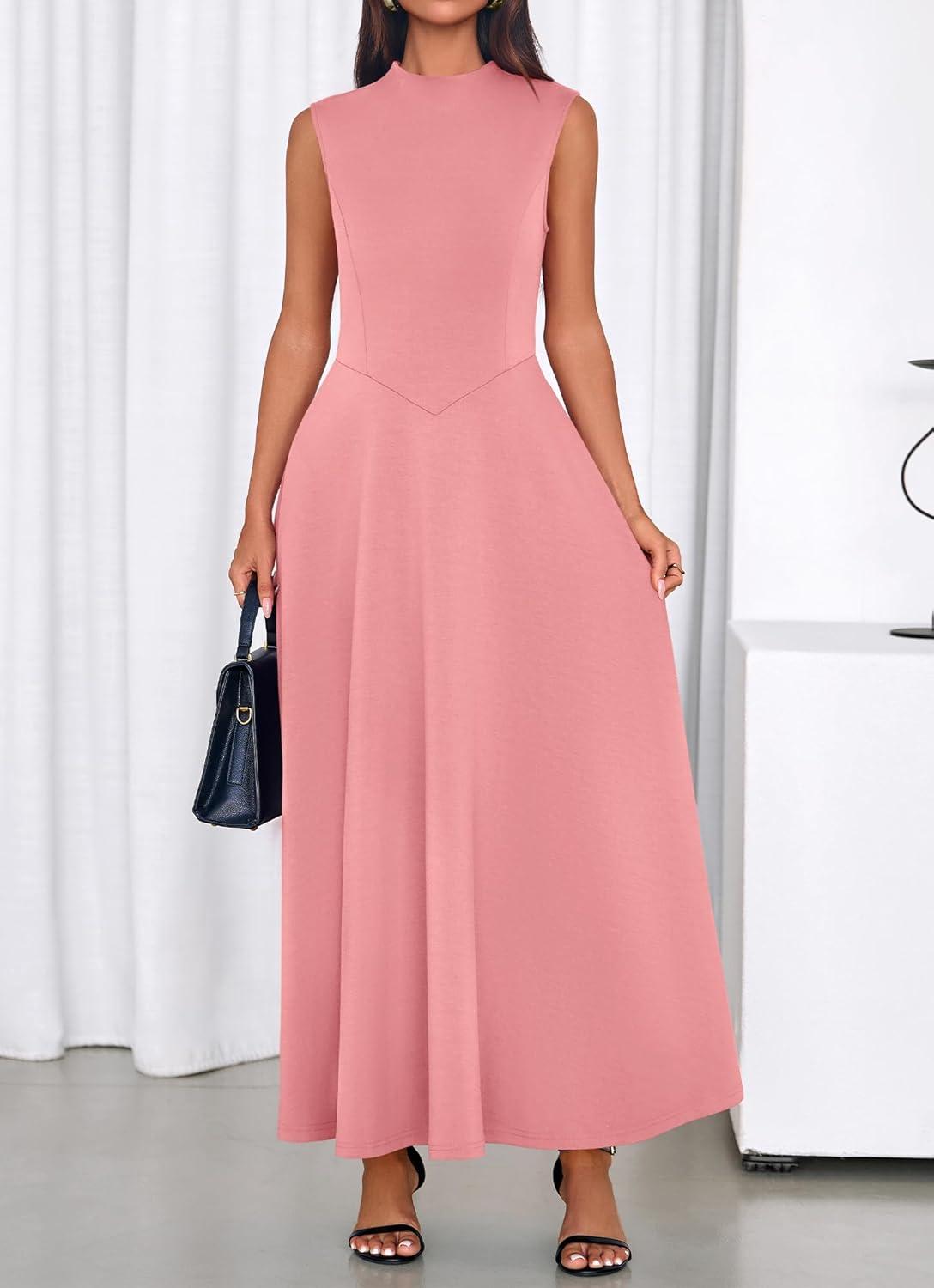 imageBTFBM Summer Dresses for Women 2026 Mock Neck Sleeveless High Waist Flowy Aline Maxi Spring Wedding Guest Dress CocktailPink