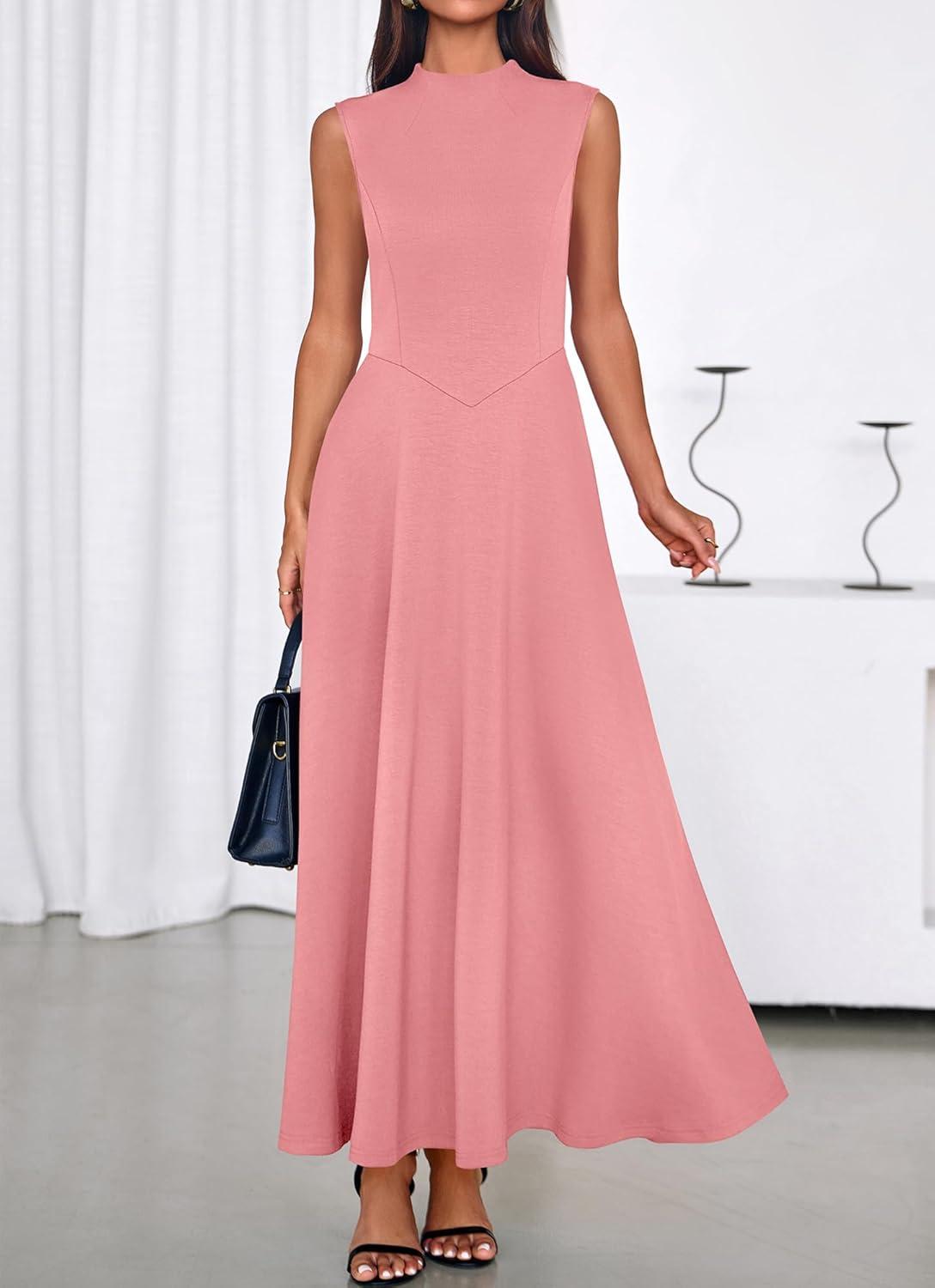 imageBTFBM Summer Dresses for Women 2026 Mock Neck Sleeveless High Waist Flowy Aline Maxi Spring Wedding Guest Dress CocktailPink