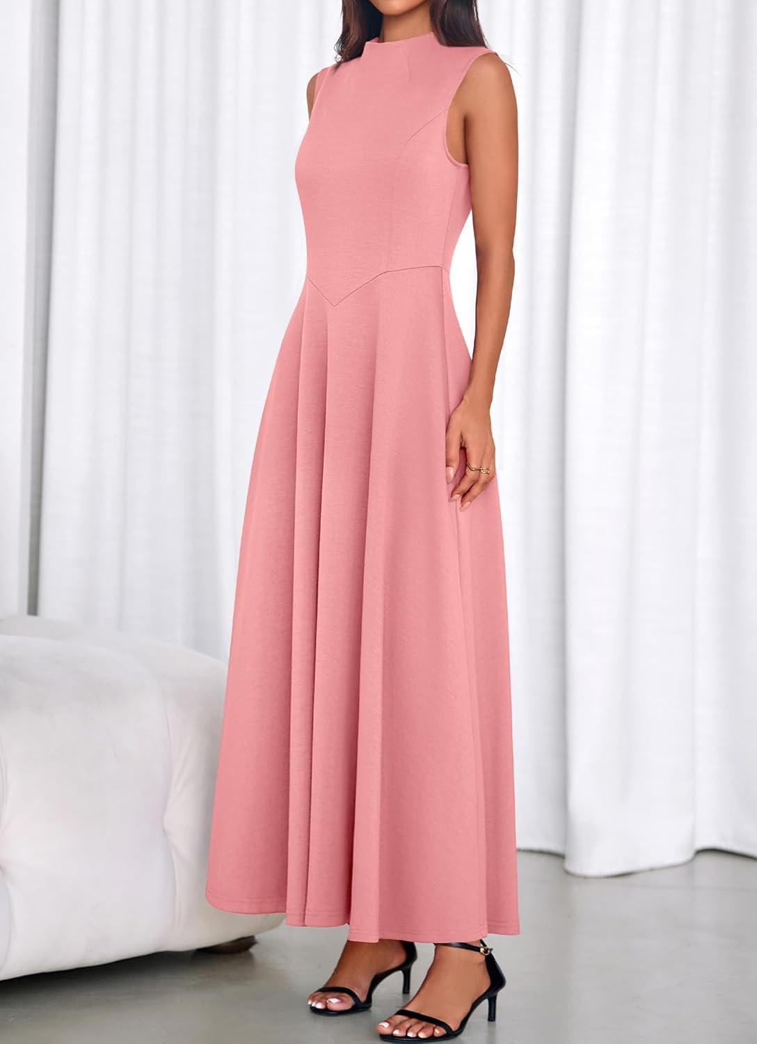 imageBTFBM Summer Dresses for Women 2026 Mock Neck Sleeveless High Waist Flowy Aline Maxi Spring Wedding Guest Dress CocktailPink