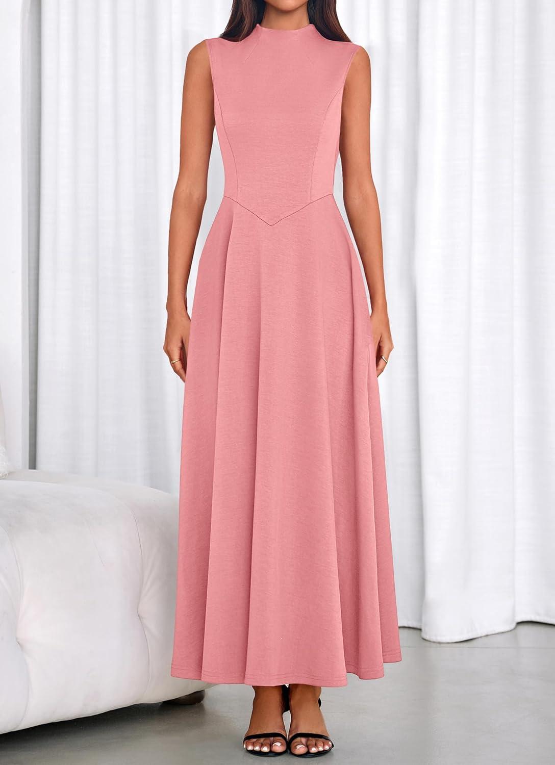 imageBTFBM Summer Dresses for Women 2026 Mock Neck Sleeveless High Waist Flowy Aline Maxi Spring Wedding Guest Dress CocktailPink