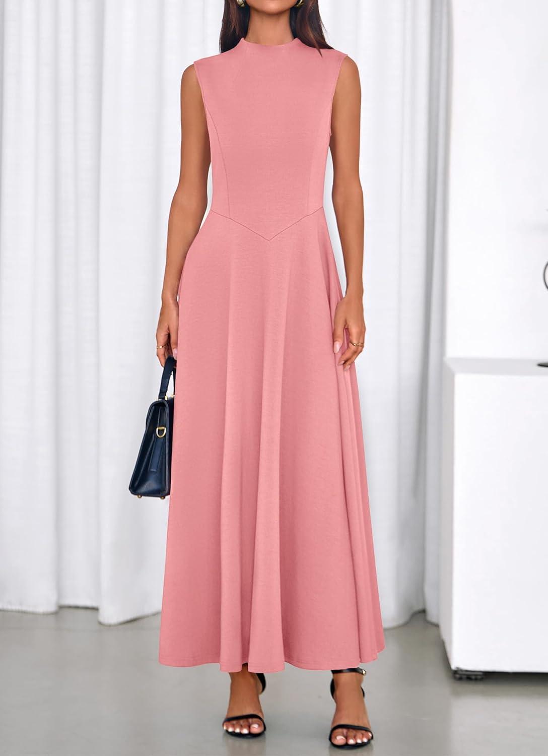 imageBTFBM Summer Dresses for Women 2026 Mock Neck Sleeveless High Waist Flowy Aline Maxi Spring Wedding Guest Dress CocktailPink