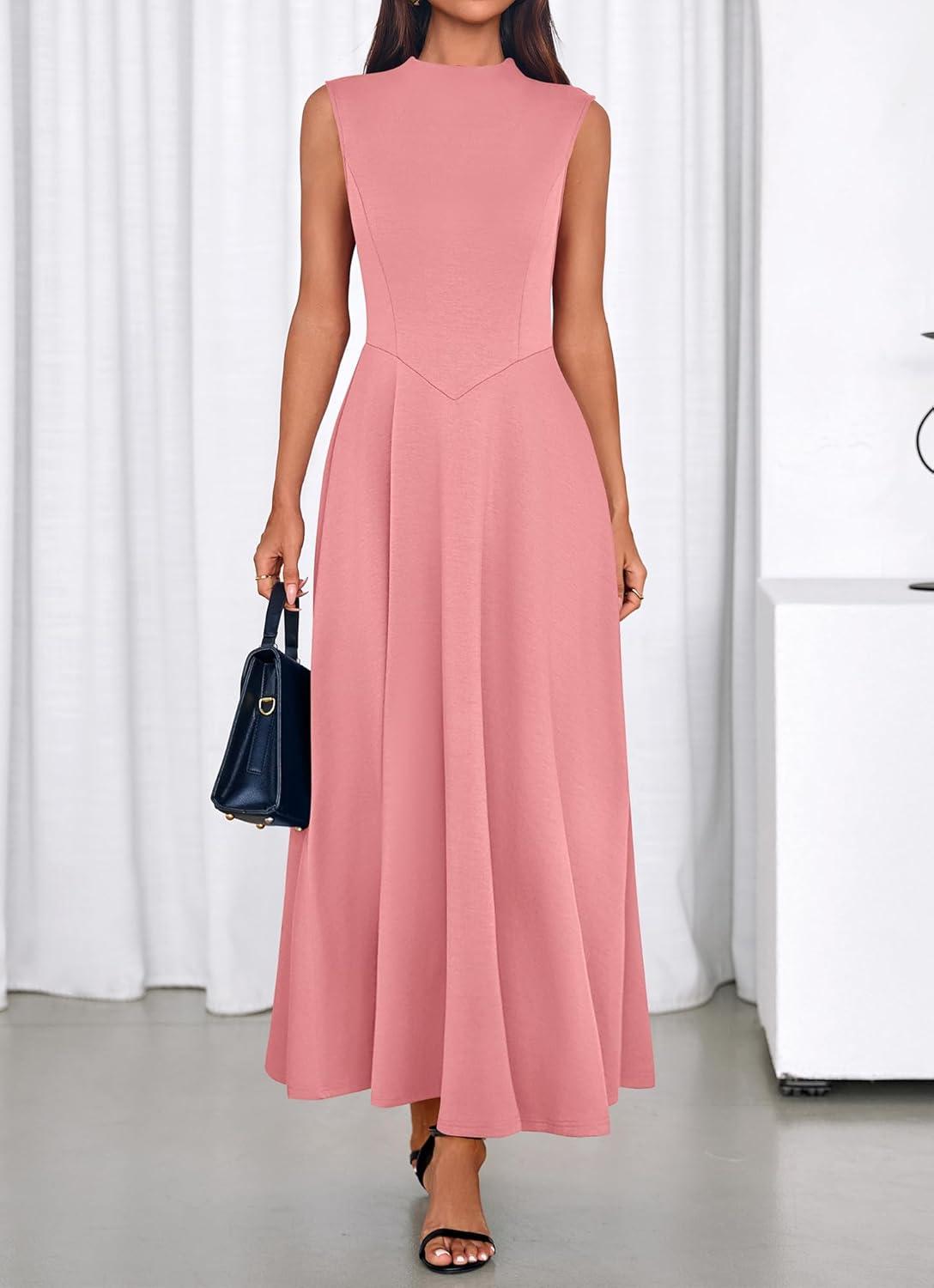 imageBTFBM Summer Dresses for Women 2026 Mock Neck Sleeveless High Waist Flowy Aline Maxi Spring Wedding Guest Dress CocktailPink