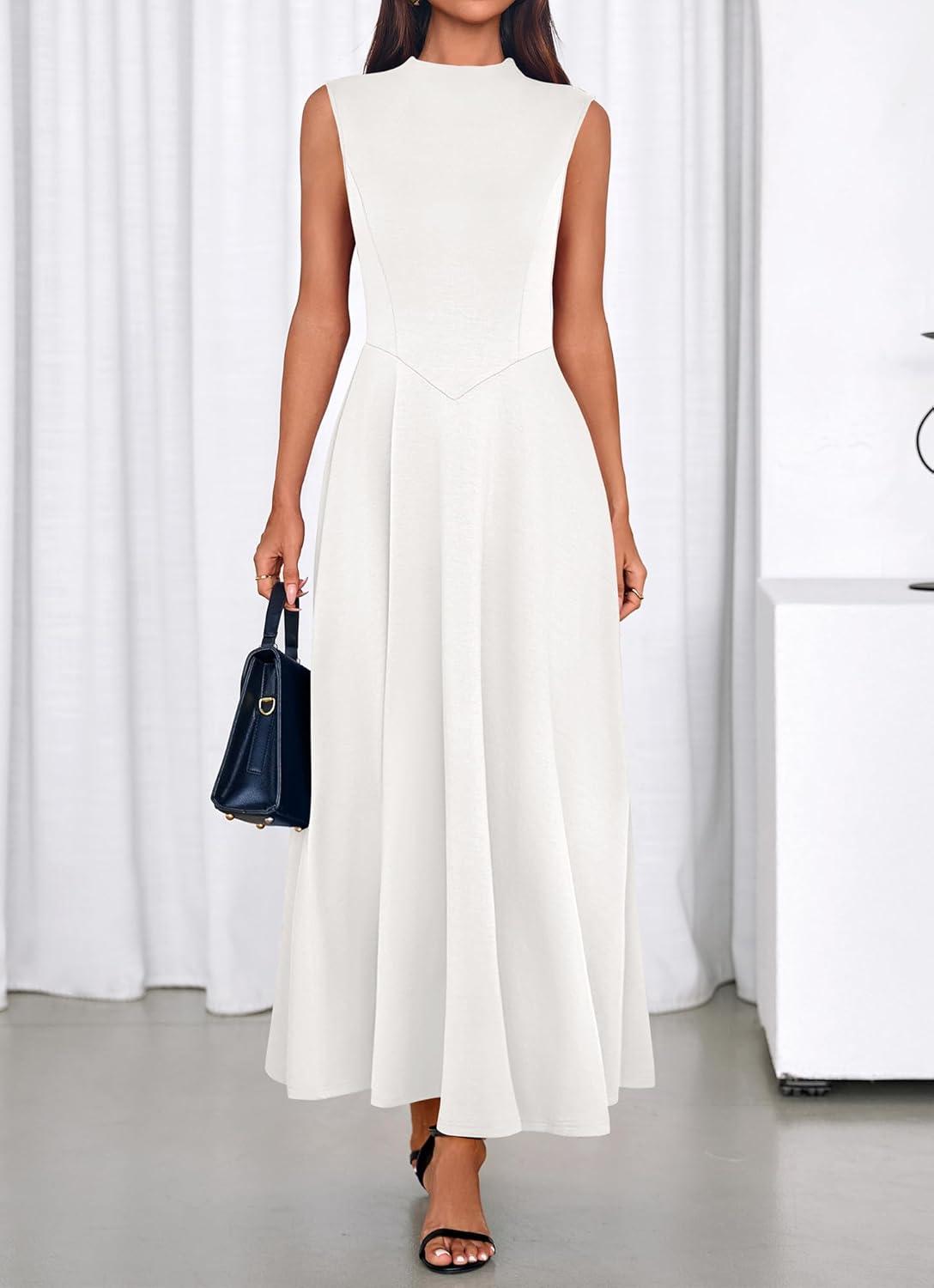 imageBTFBM Summer Dresses for Women 2026 Mock Neck Sleeveless High Waist Flowy Aline Maxi Spring Wedding Guest Dress CocktailWhite