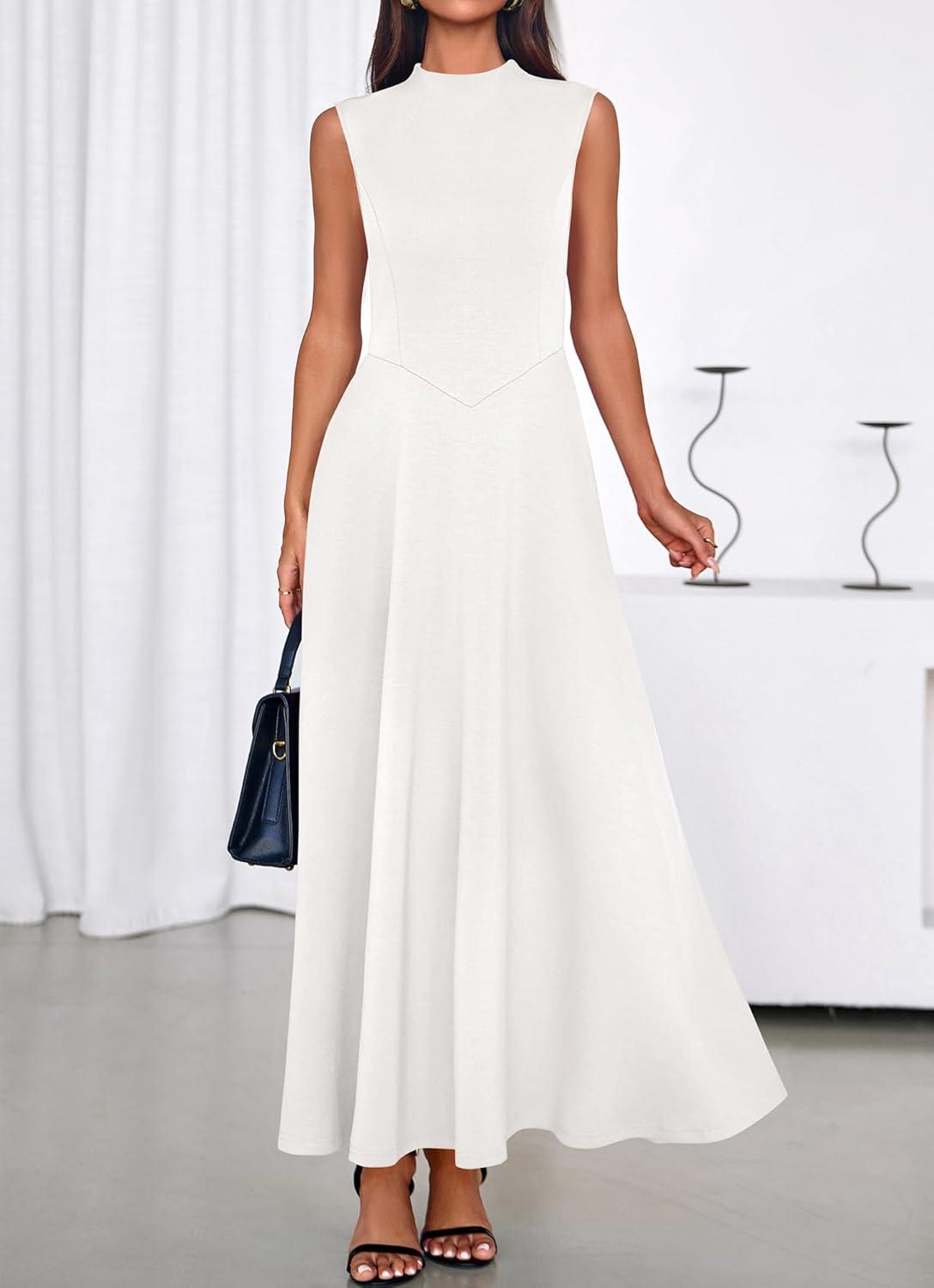 imageBTFBM Summer Dresses for Women 2026 Mock Neck Sleeveless High Waist Flowy Aline Maxi Spring Wedding Guest Dress CocktailWhite
