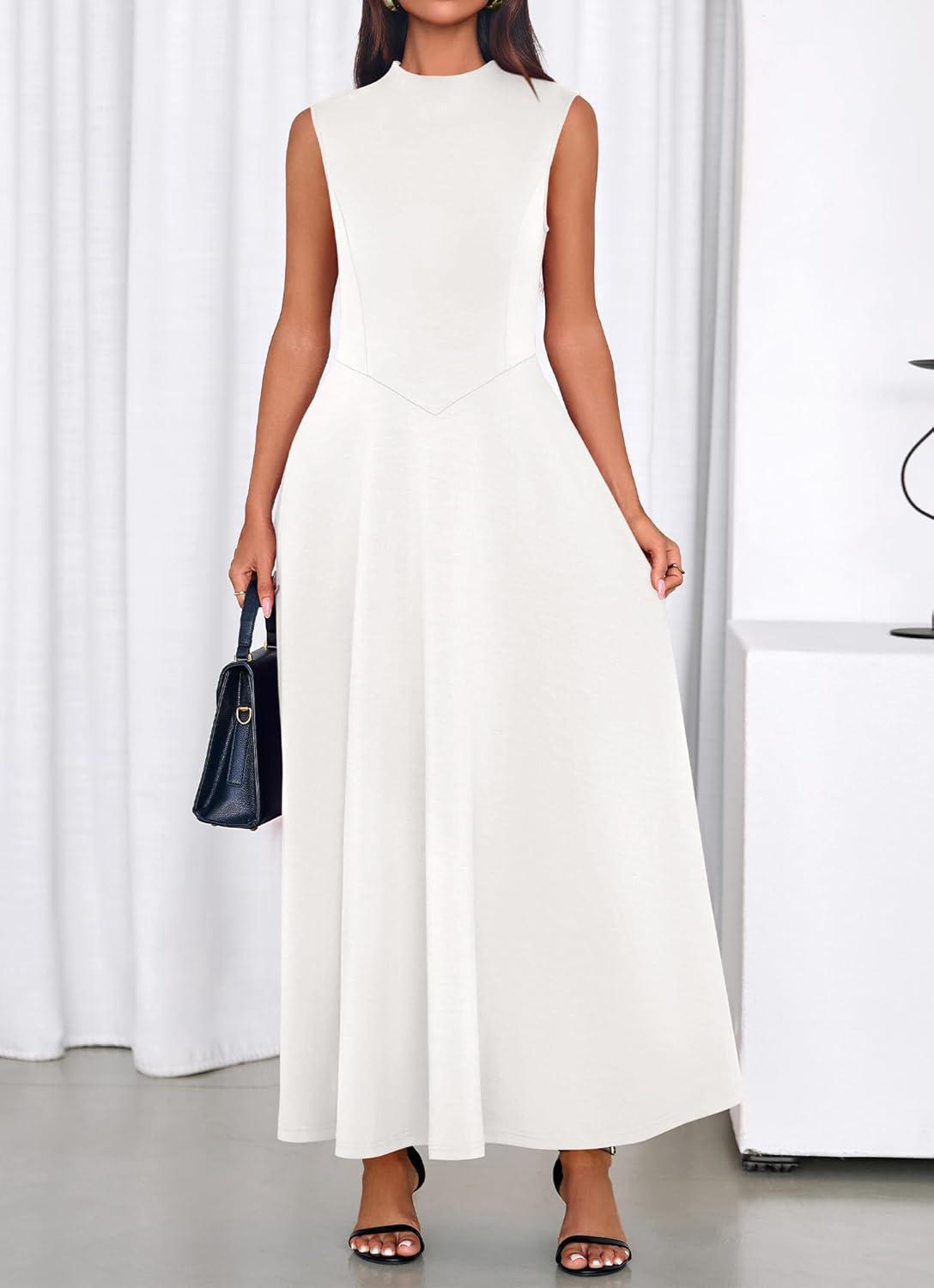 imageBTFBM Summer Dresses for Women 2026 Mock Neck Sleeveless High Waist Flowy Aline Maxi Spring Wedding Guest Dress CocktailWhite