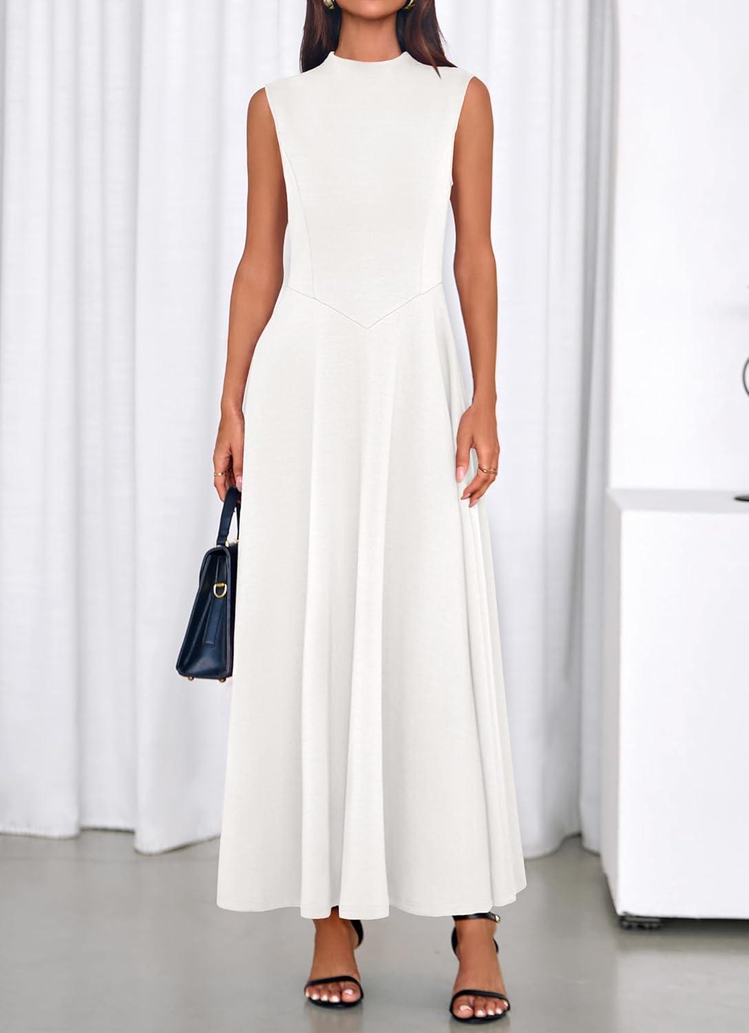 imageBTFBM Summer Dresses for Women 2026 Mock Neck Sleeveless High Waist Flowy Aline Maxi Spring Wedding Guest Dress CocktailWhite