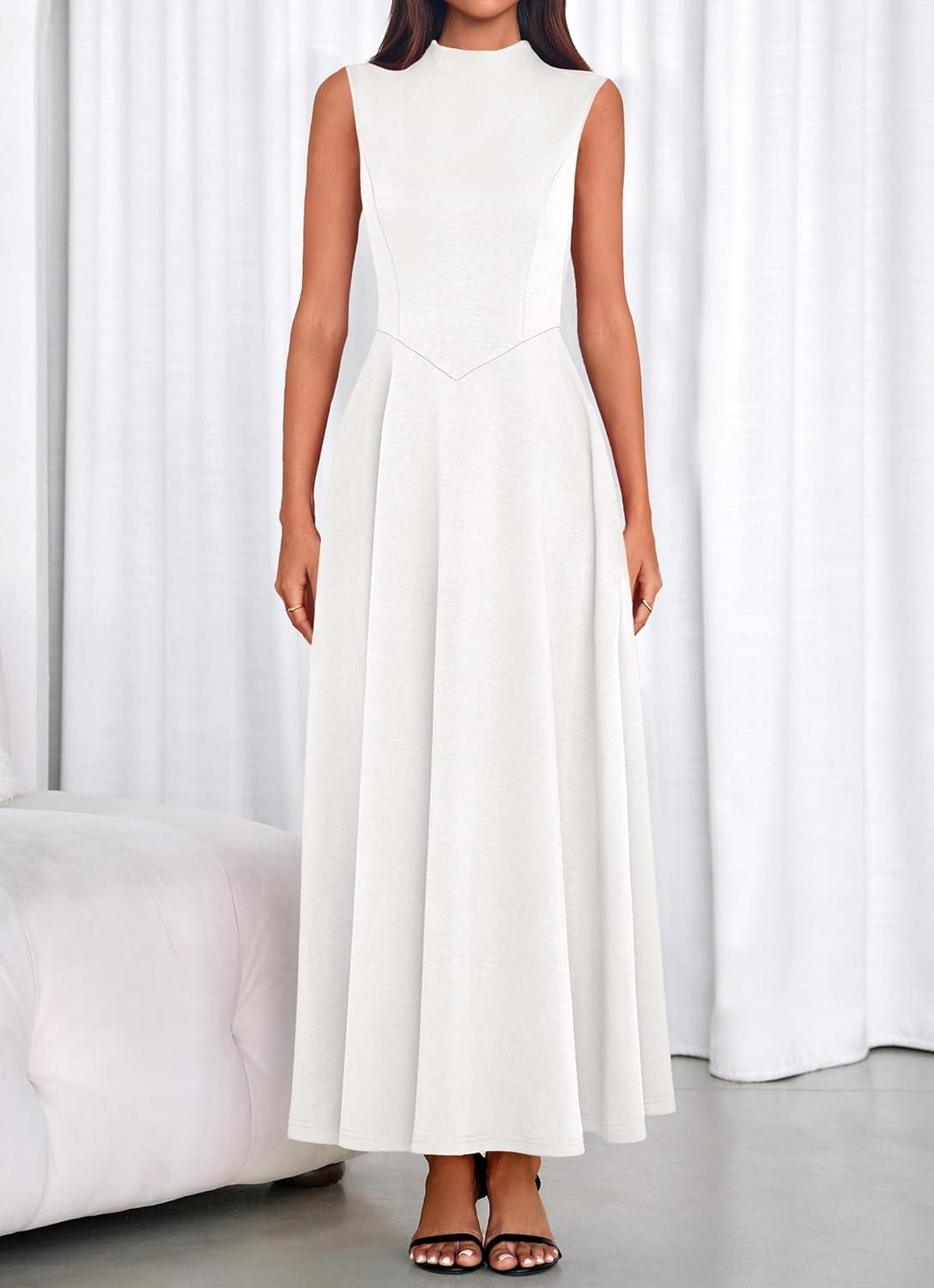 imageBTFBM Summer Dresses for Women 2026 Mock Neck Sleeveless High Waist Flowy Aline Maxi Spring Wedding Guest Dress CocktailWhite