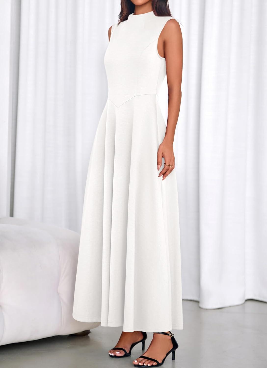 imageBTFBM Summer Dresses for Women 2026 Mock Neck Sleeveless High Waist Flowy Aline Maxi Spring Wedding Guest Dress CocktailWhite