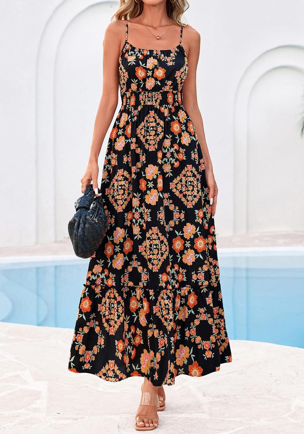 imageBTFBM Summer Dresses for Women 2026 Sleeveless Spaghetti Strap High Waist Boho Beach Vacation Clothes Spring Maxi DressFloral Black Multicolored