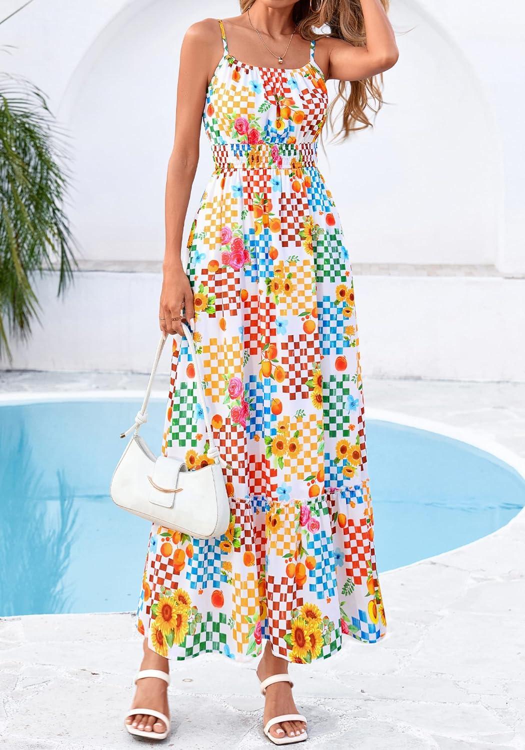 imageBTFBM Summer Dresses for Women 2026 Sleeveless Spaghetti Strap High Waist Boho Beach Vacation Clothes Spring Maxi DressFloral Plaid Multicolored