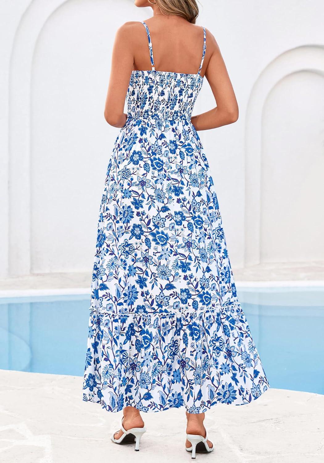 imageBTFBM Summer Dresses for Women 2026 Sleeveless Spaghetti Strap High Waist Boho Beach Vacation Clothes Spring Maxi DressFloral White Blue