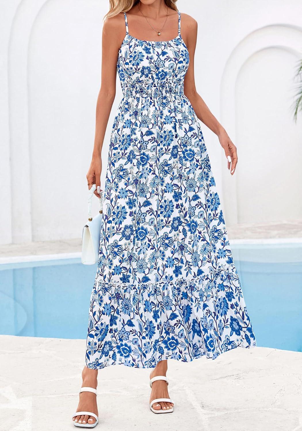 imageBTFBM Summer Dresses for Women 2026 Sleeveless Spaghetti Strap High Waist Boho Beach Vacation Clothes Spring Maxi DressFloral White Blue