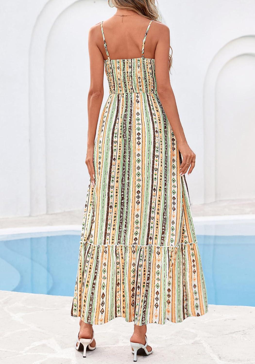 imageBTFBM Summer Dresses for Women 2026 Sleeveless Spaghetti Strap High Waist Boho Beach Vacation Clothes Spring Maxi DressPrint Green Yellow