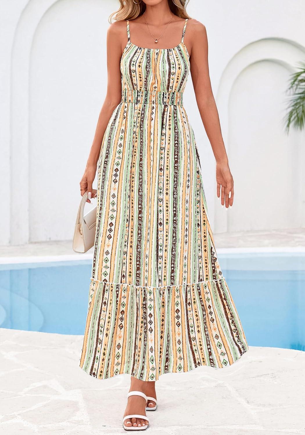 imageBTFBM Summer Dresses for Women 2026 Sleeveless Spaghetti Strap High Waist Boho Beach Vacation Clothes Spring Maxi DressPrint Green Yellow