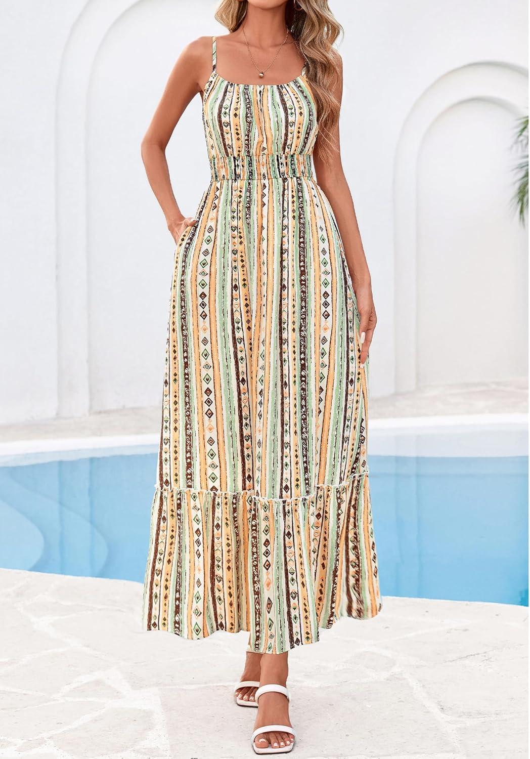 imageBTFBM Summer Dresses for Women 2026 Sleeveless Spaghetti Strap High Waist Boho Beach Vacation Clothes Spring Maxi DressPrint Green Yellow