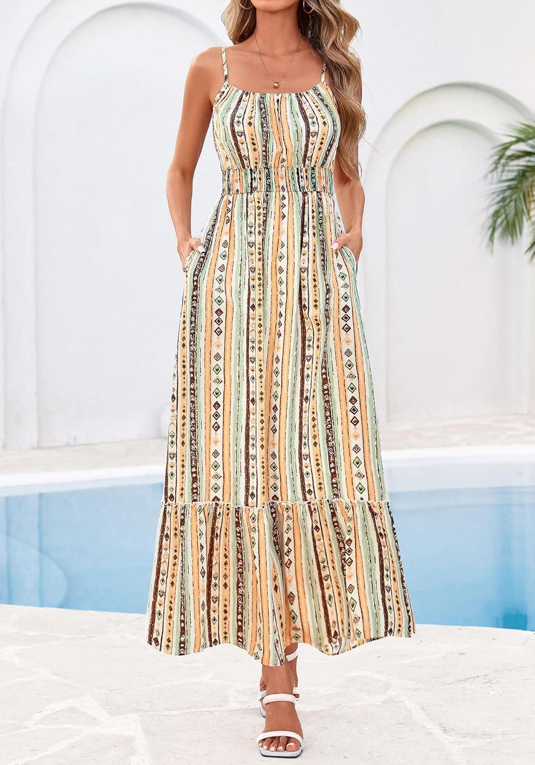 imageBTFBM Summer Dresses for Women 2026 Sleeveless Spaghetti Strap High Waist Boho Beach Vacation Clothes Spring Maxi DressPrint Green Yellow