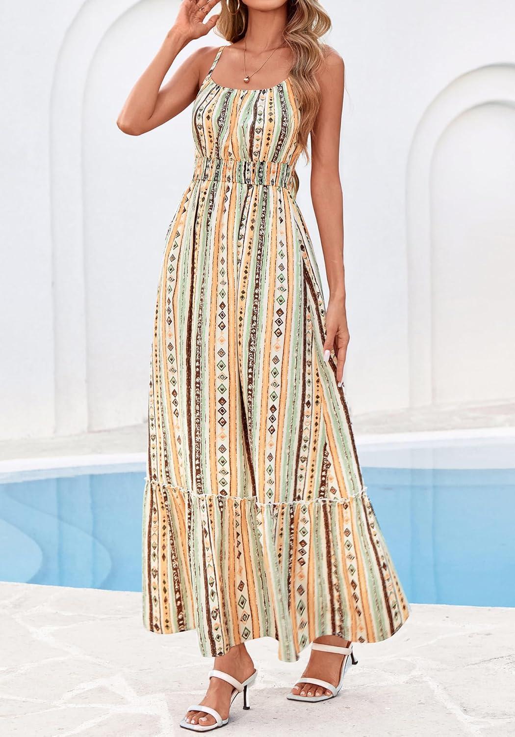 imageBTFBM Summer Dresses for Women 2026 Sleeveless Spaghetti Strap High Waist Boho Beach Vacation Clothes Spring Maxi DressPrint Green Yellow