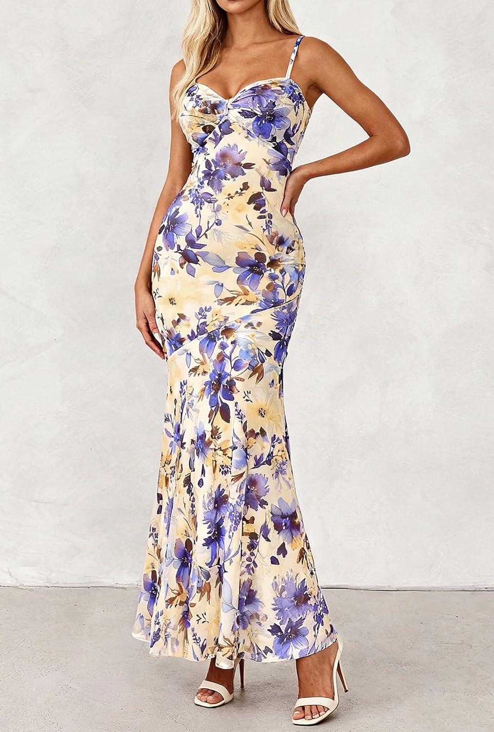 imageBTFBM Summer Dresses for Women 2026 Spaghetti Straps Sundress Twist Knot Mesh Mermaid Wedding Guest Dress Beach VacationFloral Apricot Blue