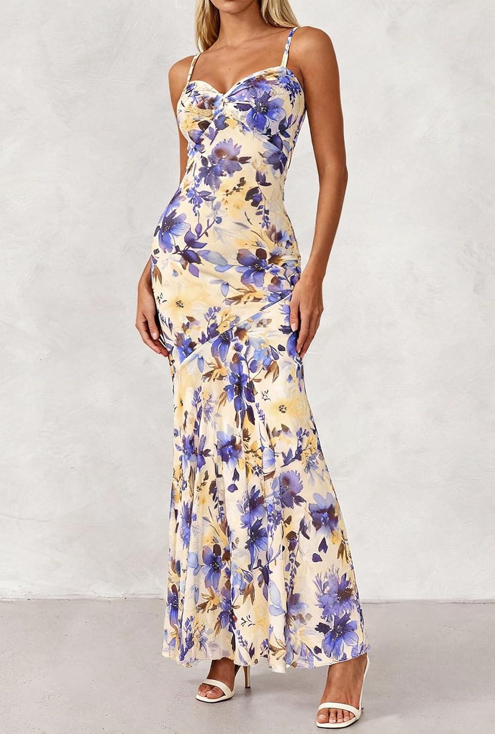 imageBTFBM Summer Dresses for Women 2026 Spaghetti Straps Sundress Twist Knot Mesh Mermaid Wedding Guest Dress Beach VacationFloral Apricot Blue