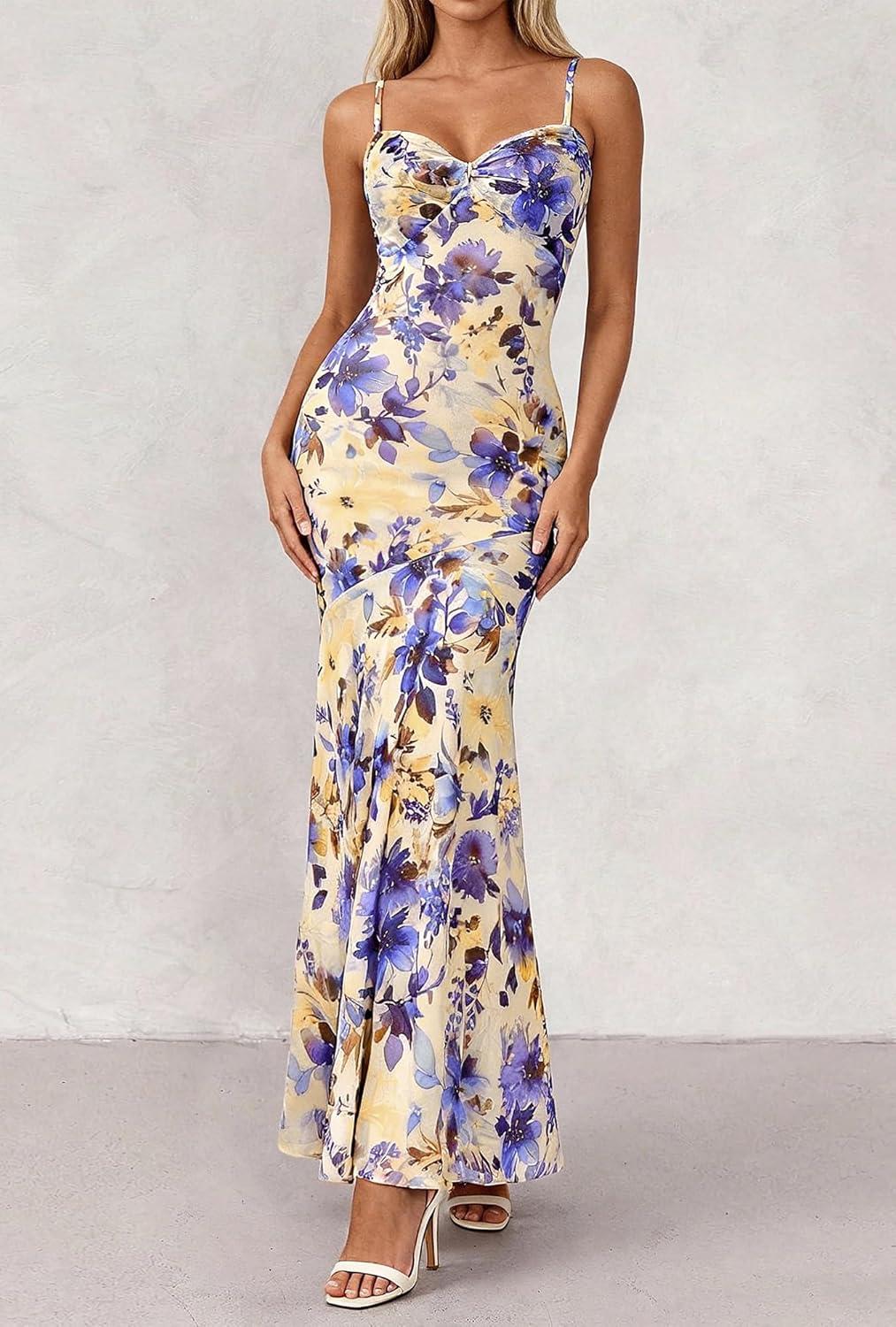 imageBTFBM Summer Dresses for Women 2026 Spaghetti Straps Sundress Twist Knot Mesh Mermaid Wedding Guest Dress Beach VacationFloral Apricot Blue
