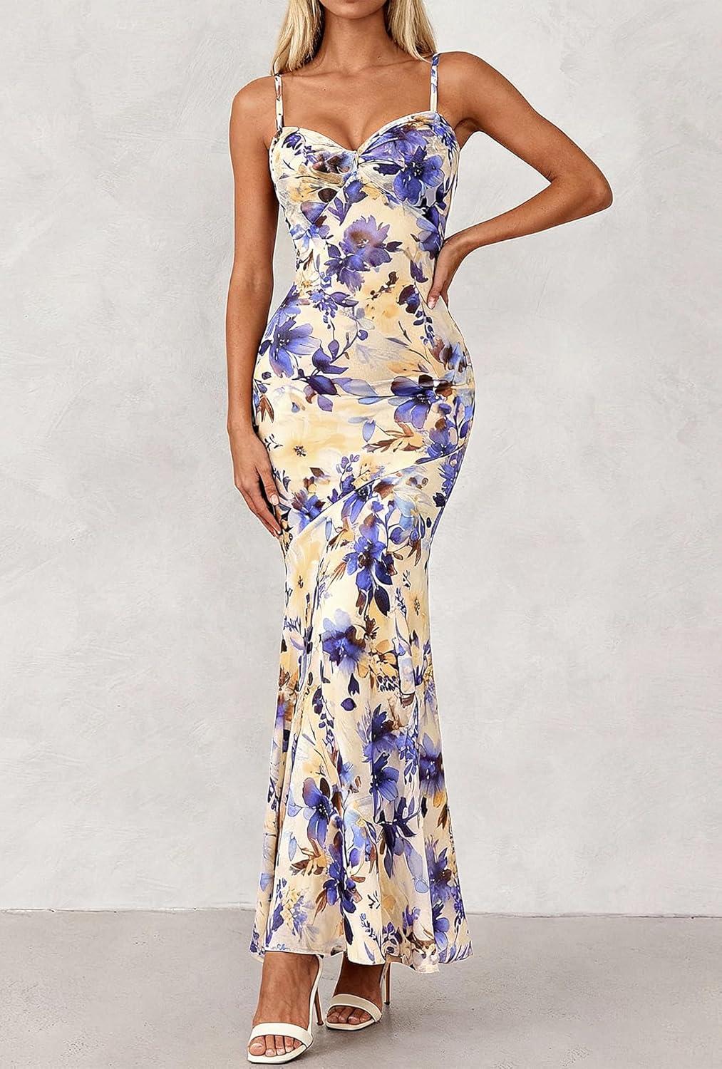 imageBTFBM Summer Dresses for Women 2026 Spaghetti Straps Sundress Twist Knot Mesh Mermaid Wedding Guest Dress Beach VacationFloral Apricot Blue