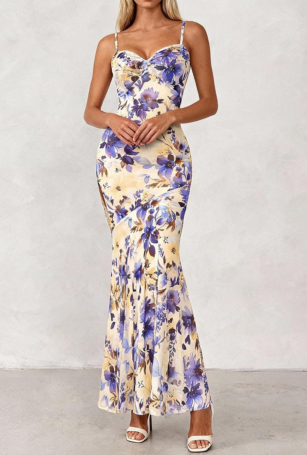 imageBTFBM Summer Dresses for Women 2026 Spaghetti Straps Sundress Twist Knot Mesh Mermaid Wedding Guest Dress Beach VacationFloral Apricot Blue
