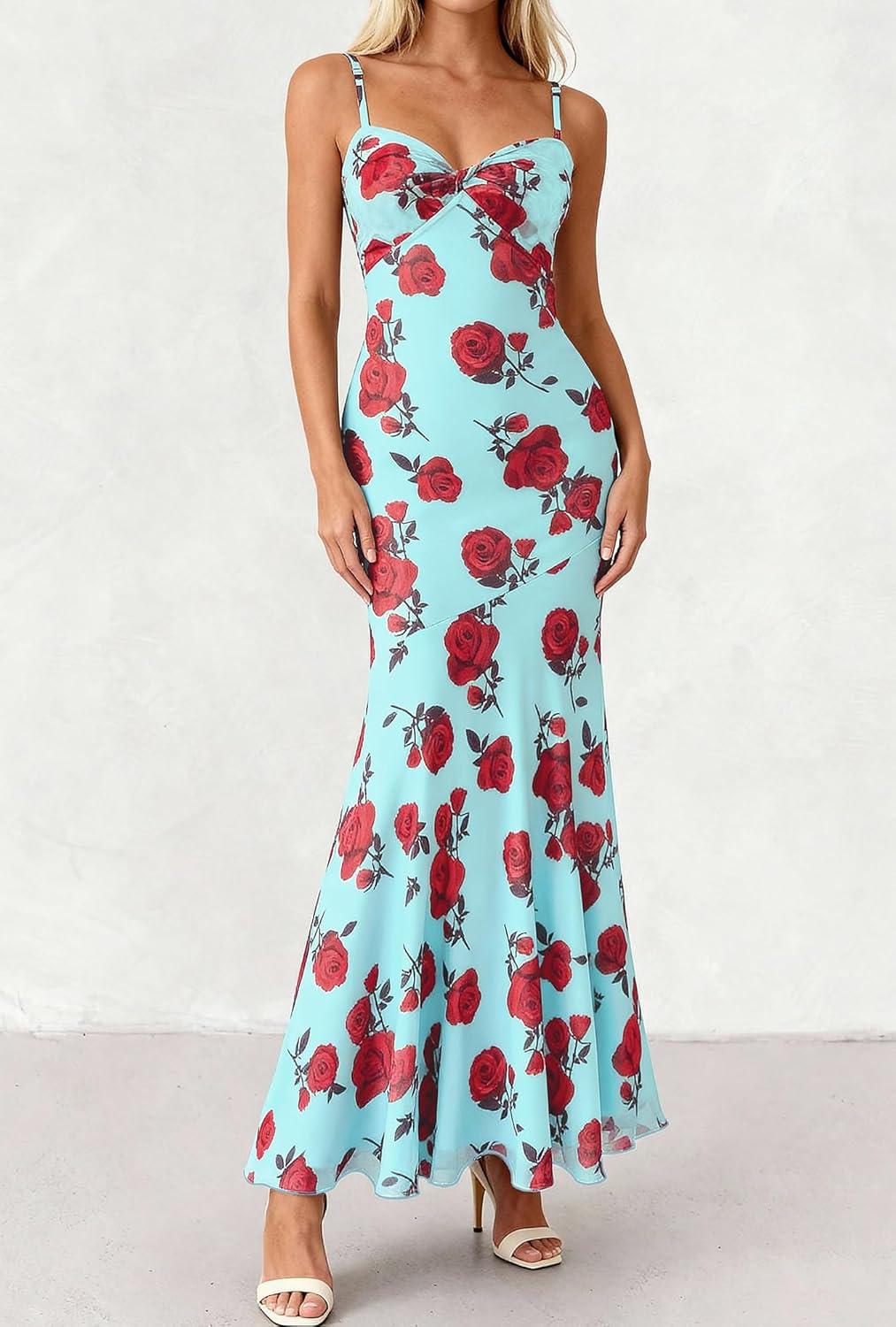 imageBTFBM Summer Dresses for Women 2026 Spaghetti Straps Sundress Twist Knot Mesh Mermaid Wedding Guest Dress Beach VacationFloral Blue Rose