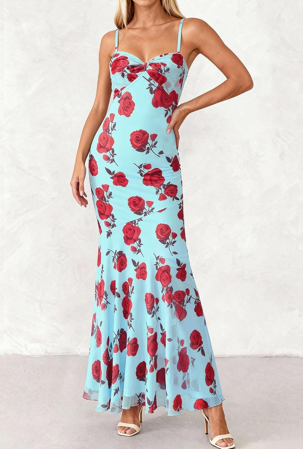 imageBTFBM Summer Dresses for Women 2026 Spaghetti Straps Sundress Twist Knot Mesh Mermaid Wedding Guest Dress Beach VacationFloral Blue Rose