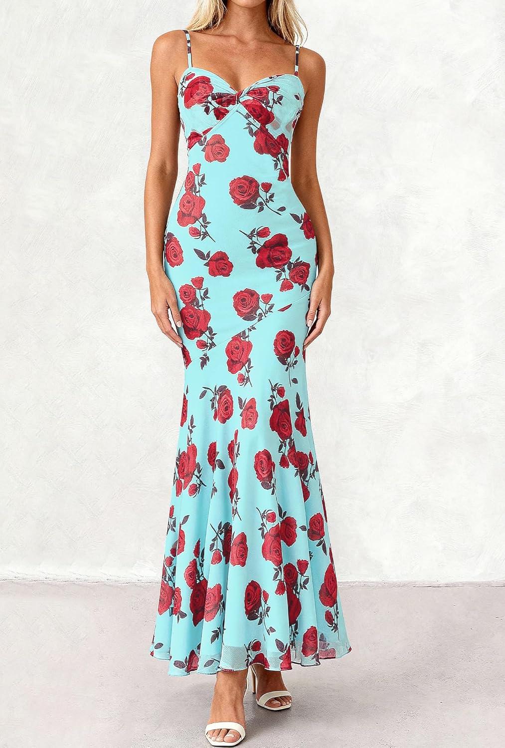 imageBTFBM Summer Dresses for Women 2026 Spaghetti Straps Sundress Twist Knot Mesh Mermaid Wedding Guest Dress Beach VacationFloral Blue Rose