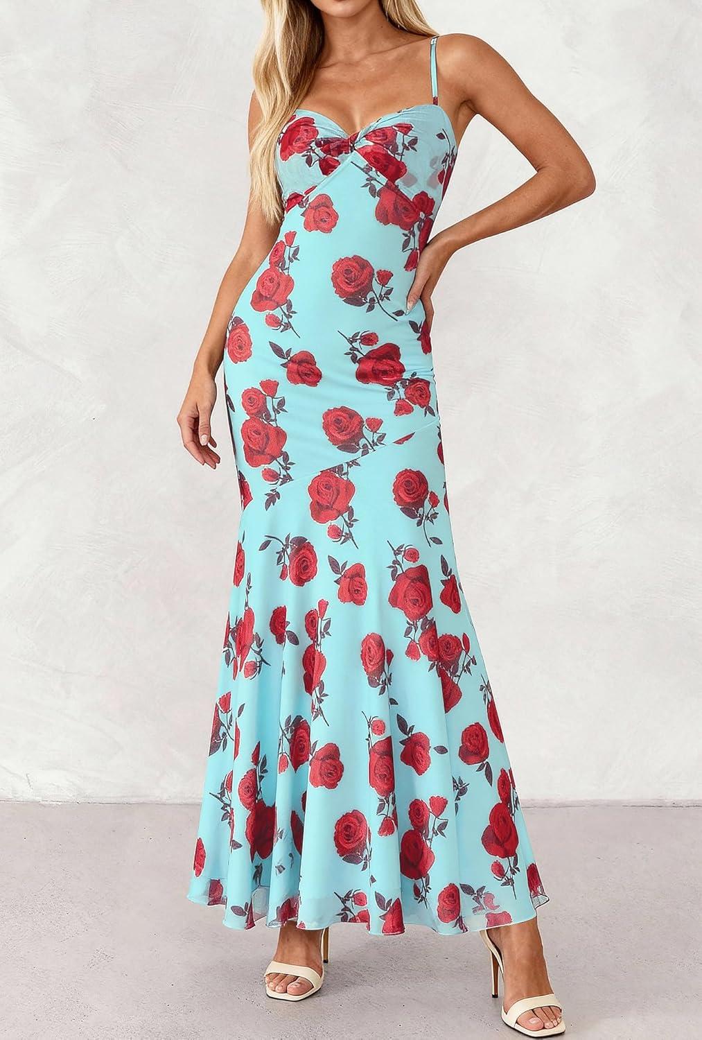 imageBTFBM Summer Dresses for Women 2026 Spaghetti Straps Sundress Twist Knot Mesh Mermaid Wedding Guest Dress Beach VacationFloral Blue Rose