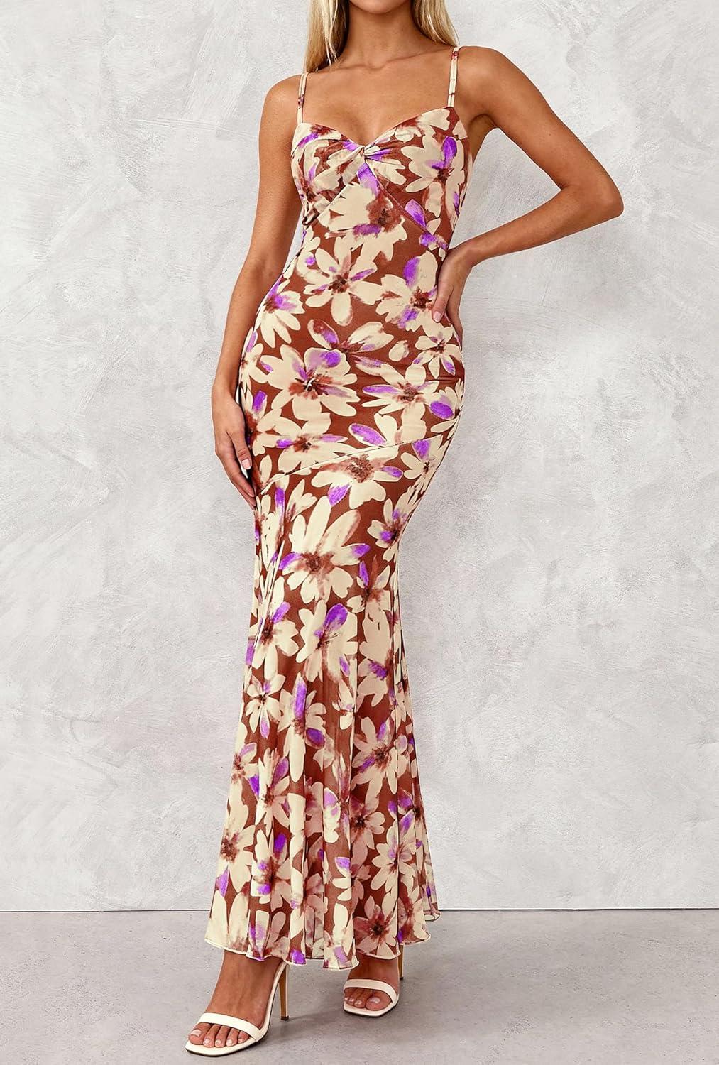 imageBTFBM Summer Dresses for Women 2026 Spaghetti Straps Sundress Twist Knot Mesh Mermaid Wedding Guest Dress Beach VacationFloral Brown Beige