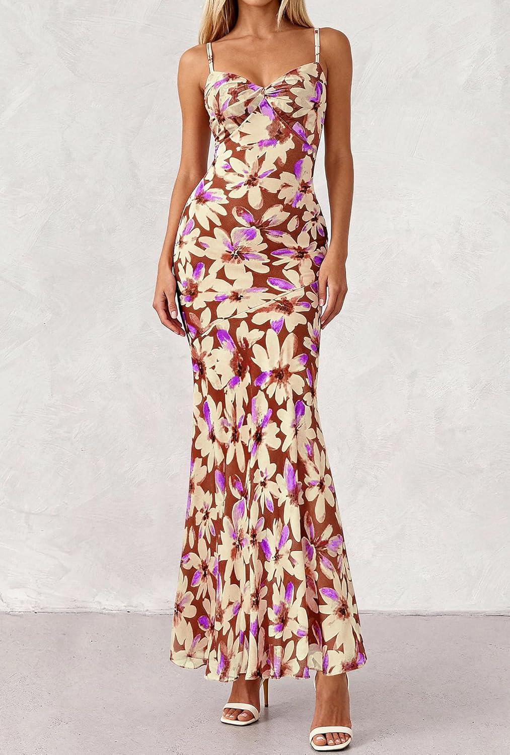 imageBTFBM Summer Dresses for Women 2026 Spaghetti Straps Sundress Twist Knot Mesh Mermaid Wedding Guest Dress Beach VacationFloral Brown Beige